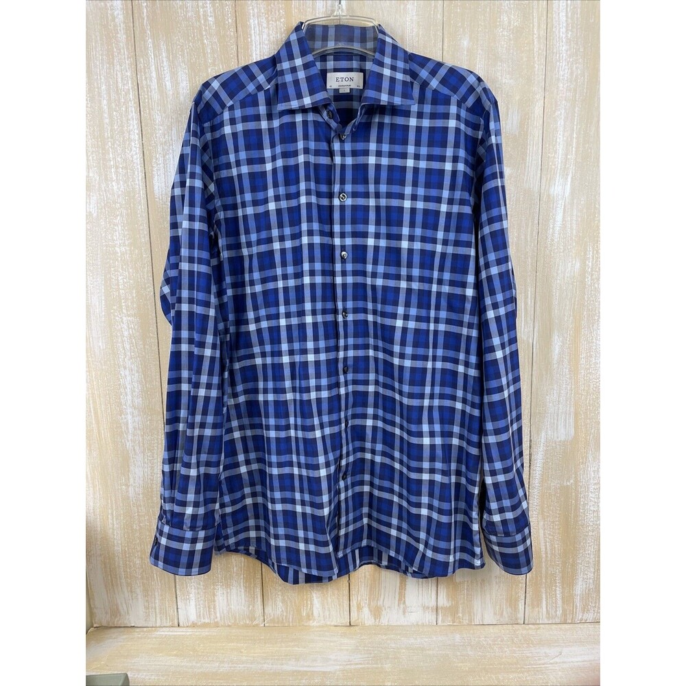 Eton Contemporary Mens Blue Plaid Check Shirt Long Sleeve Cotton Sz L 42/16.5